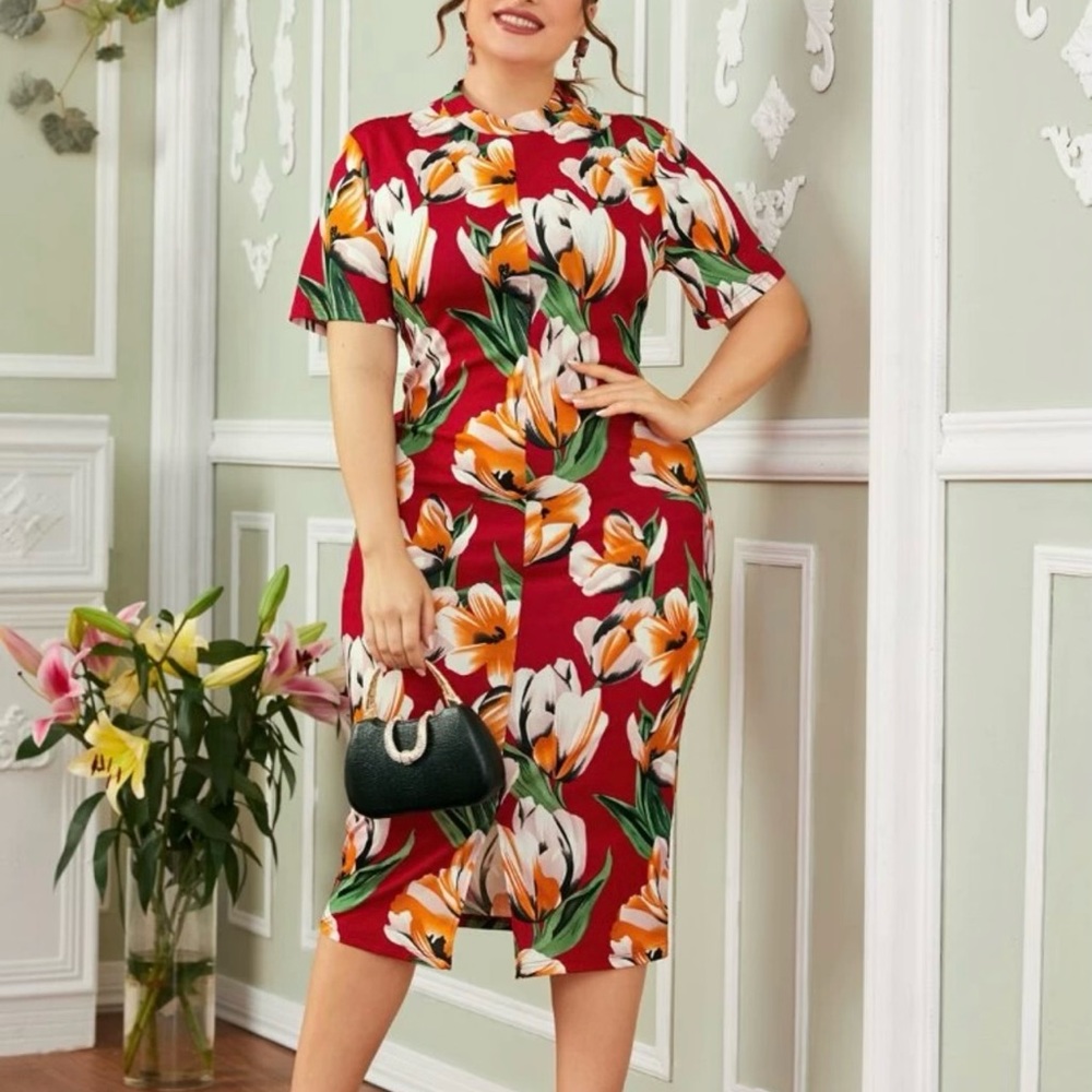 EUC SHEIN burgundy Midi Dress with floral print. Size 2X.